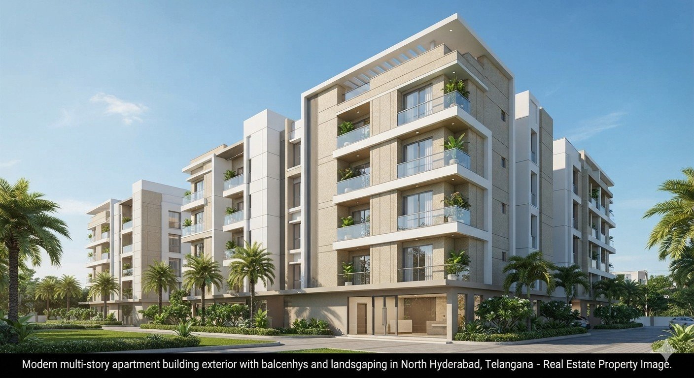 Premium 2 & 3 BHK gated community apartments featuring modern architecture and green landscapes in North Hyderabad. Modern luxury gated community apartment building exterior in North Hyderabad, showcasing contemporary residential flats with spacious balconies and landscaped gardens.